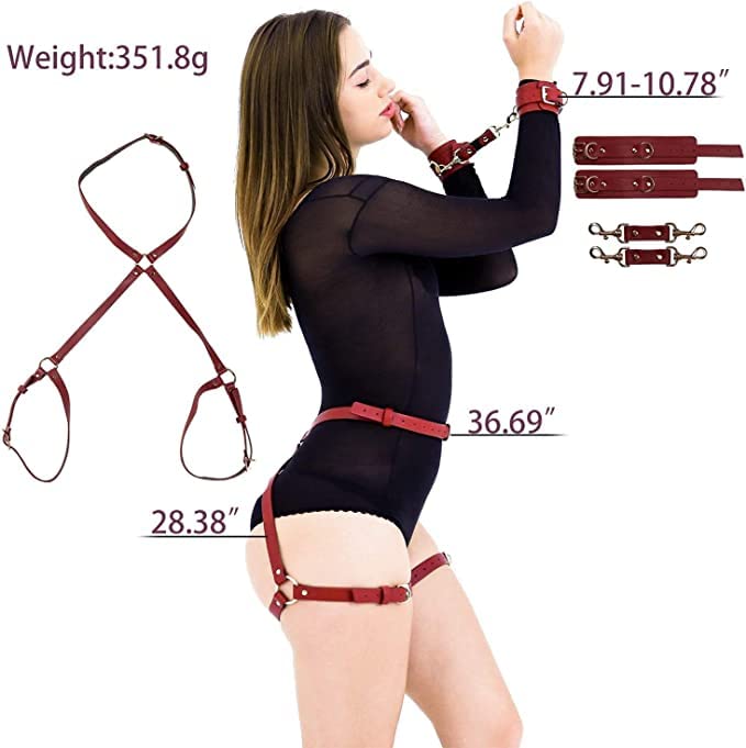 Xocity Sex Bondage BDSM Kit Restraints, Adjustable Handcuffs Ankle＆Thigh Cuffs Blindfold Cross Waist Strap,Adult SM Games Sex Toys for Women and Couples