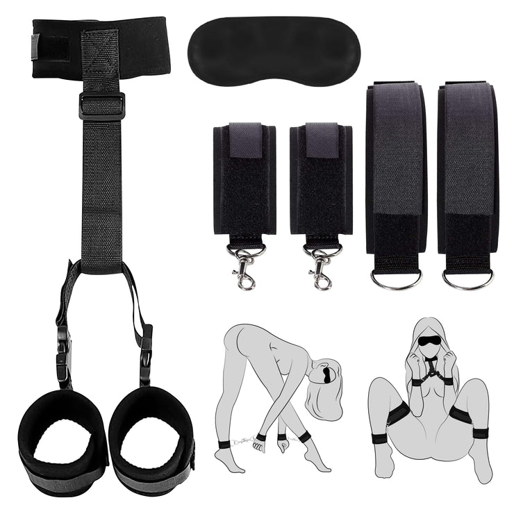 Sex Bondage Wrist & Thigh Cuffs BDSM Restraints Set,Sex Toys for Women Neck to Wrist Restraints Bondage Set,Adjustable Leg Straps Handcuffs,Handcuffs Collar,Blindfold for Bed SM Games Couple Play