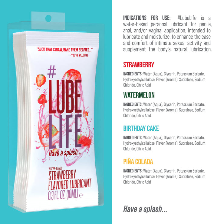 Lube Life Flavors Pack, Water-Based Flavored Personal Lubricants 8 x 0.3 Oz - Strawberry, Watermelon, Birthday Cake and Pina Colada lube for Men, Women and Couples, Made Without Added Sugars